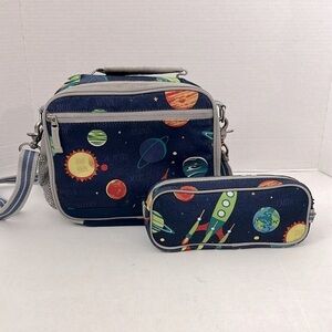 Pottery Barn Kids Mackenzie Space-Themed lunchbox with strap and pouch Navy Blue